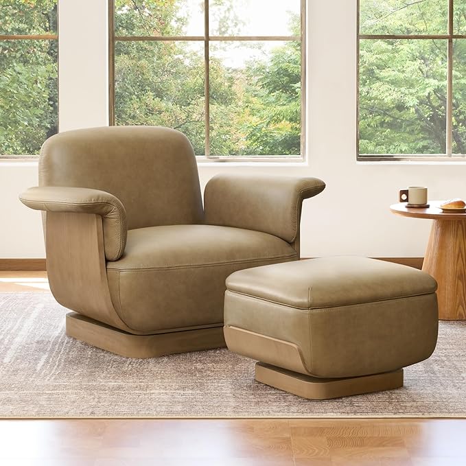 CHITA Genuine Leather Reclining Swivel Chair with Storage Ottoman, Modern Living Room Accent Chair with Lounge Seat for Bedroom, Office, Mocha