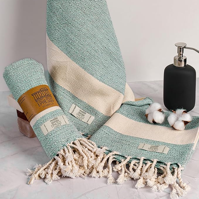Hand Towels - Set of 2 | 18" x 30" - Decorative Turkish Hand Towel for Bathroom, Kitchen, Guest, Face, Hair, Tea, Dishcloth (Diamond, Mint)