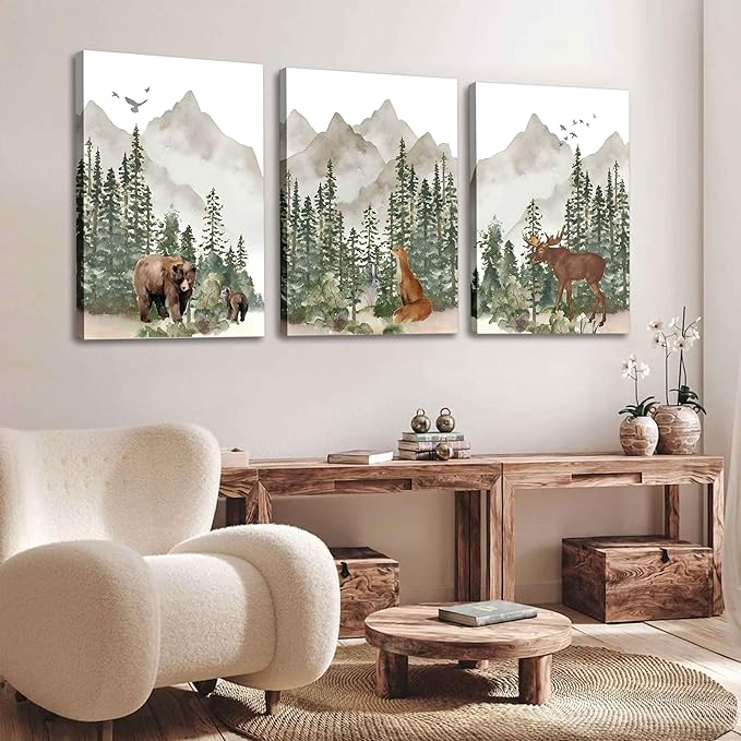 3Pcs Woodland Nursery Wall Art Wild Animals Posters Pictures Foggy Forest Canvas Prints Adventure Theme Kids Wall Decor Watercolor Paintings for Children Boys Room Girls Room Framed