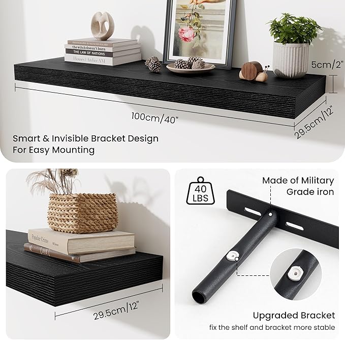 Fun Memories Floating Shelves for Wall, 40 Inch Floating Shelf for Home Decor, Wall Mounted Rustic Wood Shelves 12 Inch Deep, Hanging Deep Shelf for Bedroom, Living Room, Kitchen, Black, Set of 2