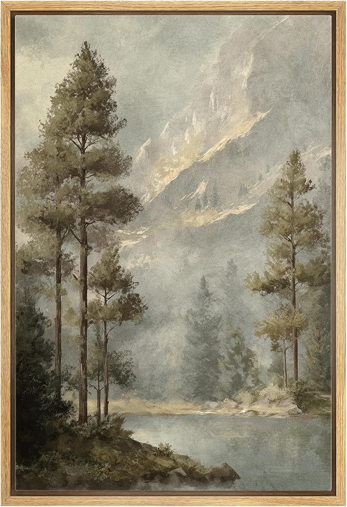 MUDECOR Framed Canvas Print Wall Art Pine Forest and Mountain View Classic Nature Landscape Illustrations Minimalism Decorative Bohemian Zen for Living Room, Bedroom, Office - 16"x24" NATURAL