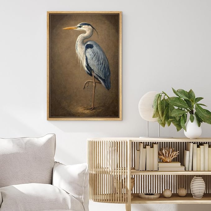 MUDECOR Framed Canvas Print Wall Art Classic Heron Portrait in Vintage Natural Style Illustrations Minimalism Decorative Bohemian Zen for Living Room, Bedroom, Office - 16"x24" NATURAL