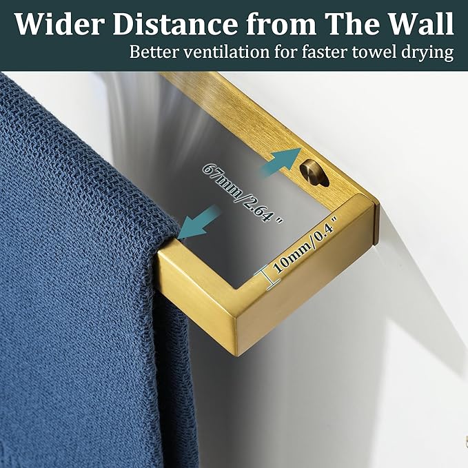 Sayayo Brushed Gold Towel Bar for Bathroom Wall, 8 Inch Hand Towel Holder, Screw or Self Adhesive Towel Ring Square SUS304 Stainless Steel, 3.2 Inch Wider Design