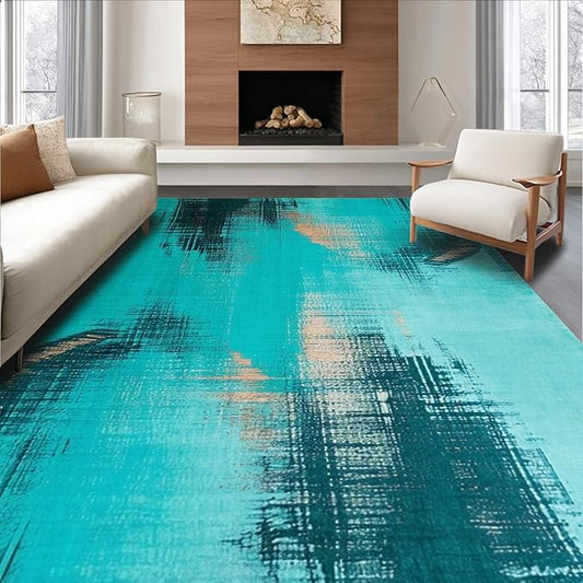 Flatwoven High Traffic Area Rug 6x9, Verdigris Patina Abstract Swirls and Brushstrokes, Non Slip, Stain Resistant, Washable Area Rugs for Living Room, Bedroom (Teal, 6x9)
