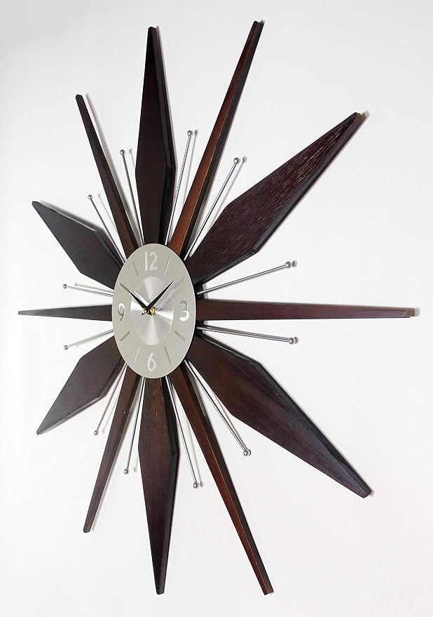 Infinity Instruments Utopia Mid-Century 30 inch Wood and Metal Wall Clock, Walnut Dark Wood