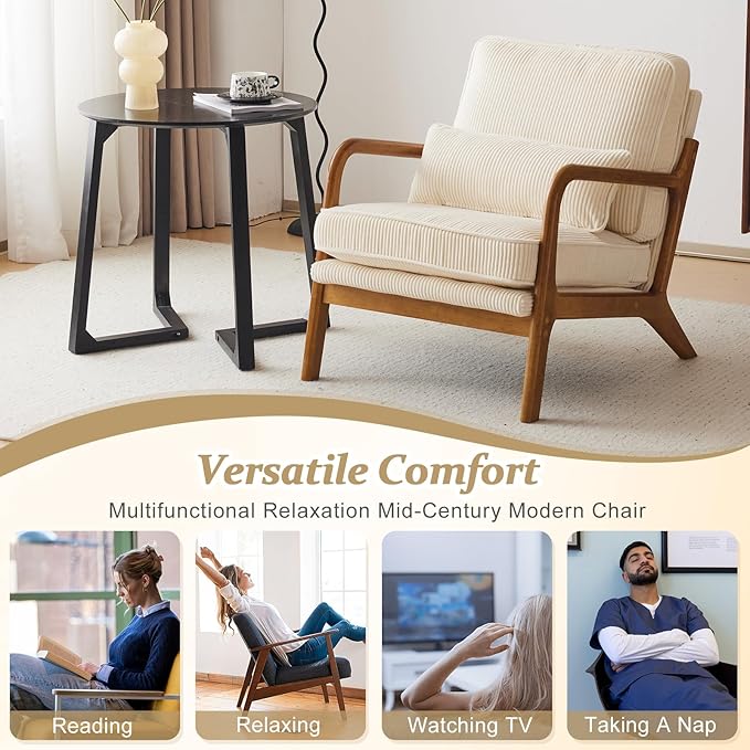 VINGLI Upgraded Premium Corduroy Accent Chair,Upholstered Arm Chair,Solid Wood Comfy Reading Chair with Lumbar Pillow, Mid Century Modern Chairs for Living Room,Bedroom,Guest Room,Beige