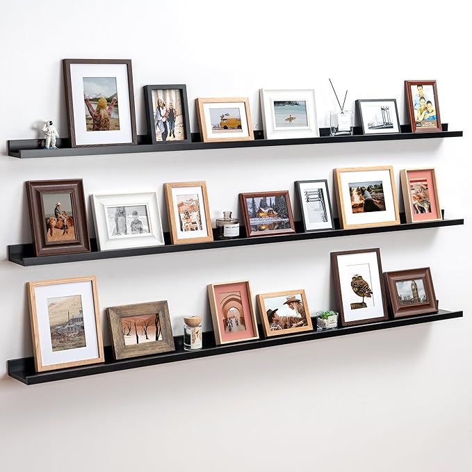 Axeman 72 Inch Floating Shelves | Black Picture Ledge Shelf Set of 3 | Rustic Wood Wall Shelves with Lip | 72" Black Picture Shelf for Wall with Ledge | Photo Shelves