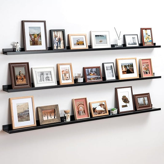 Axeman 72 Inch Floating Shelves | Black Picture Ledge Shelf Set of 3 | Rustic Wood Wall Shelves with Lip | 72" Black Picture Shelf for Wall with Ledge | Photo Shelves