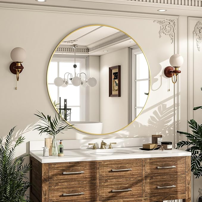 Round Mirror Wall Mounted Mirror - 30" Circle Mirror Bathroom Vanity Mirror with Aluminum Frame for Bedroom Living Room, Entryway Decor Gold Mirror