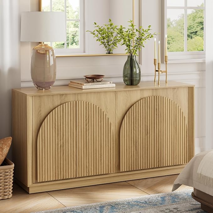 win2win Fluted Sideboard Buffet Cabinet with Storage, 65" Modern Accent Cabinet with Double-Layered Arch Doors, Wood Boho Media TV Console Table Credenza for Living Dining Room Hallway Entryway, Oak