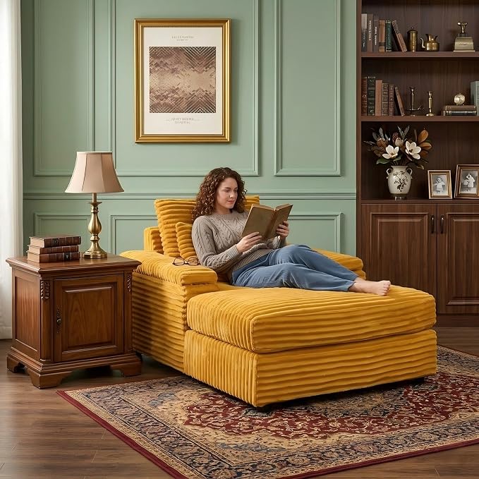 Eafurn 43.3" Oversized Accent Chaise Lounge Chair with Ottoman, Modern Corduroy Upholstered Convertible Recliner Armchair Sleeper Lounge Chair with Wood Frame for Living Room Apartment