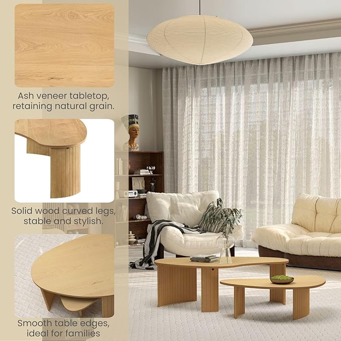 Nesting Coffee Tables Set of 2 – Cloud/Mango Shaped Ash Veneer Top with Fluted Solid Wood Legs, Space-Saving End Tables for Living Room, Natural Wood Finish (47" L x 25" W x 16" H)