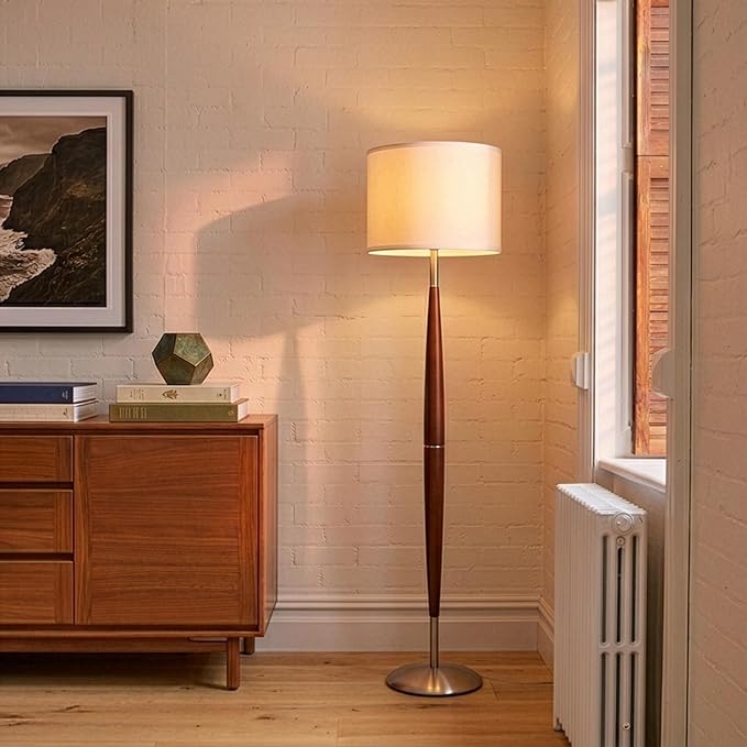 Brightech Lucas LED Floor Lamp, Modern Light for Living Rooms & Offices, Great Living Room Décor with Drum Shade & Handsome Wood Finish, Bohemian Standing Lamp for Bedroom Reading