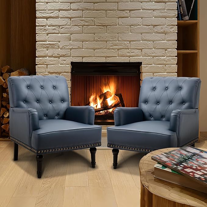MOJAY Faux Leather Accent Chair Set of 2, Mid-Century Modern Living Room Chair Lounge Study Sofa Chair with Sturdy Wood Legs, Club Chair Armchair for Bedroom Home Study Reception (DarkBlue)