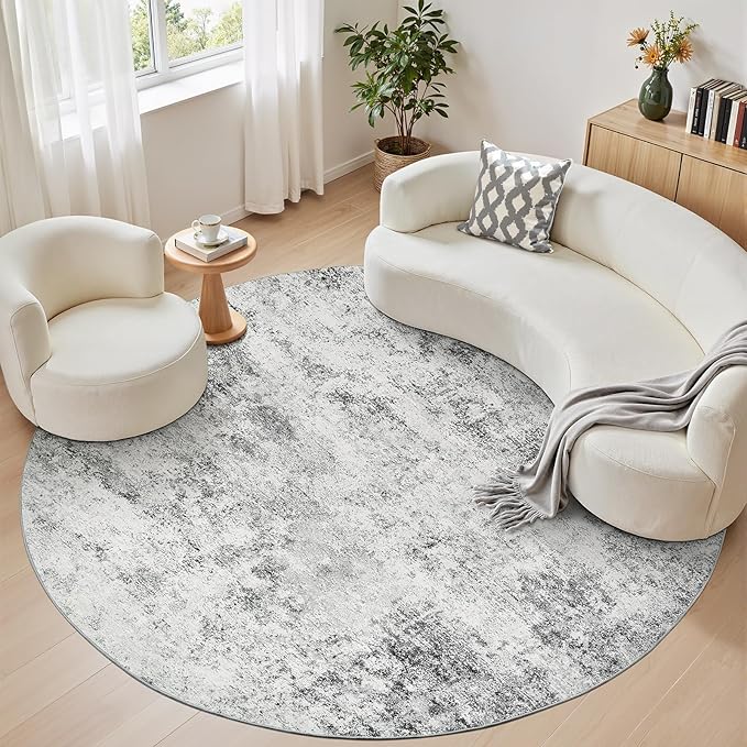 WITSHOCK 8ft Round Area Rug for Living Room: 8x8 Washable Neutral Modern Abstract Soft Thin Rug Indoor Floor No Slip Rug Carpet for Bedroom Under Dining Table Home Office Decor (Gray)