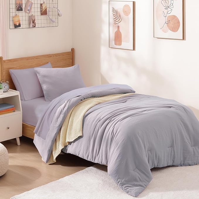 WRENSONGE Twin Comforter Set- 5 Pieces Lilac Twin Bed in a Bag, All Season Twin XL Bedding Sets with 1 Fitted Sheet, 1 Flat Sheet, 1 Pillow Sham and 1 Pillowcase