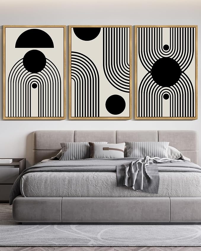 Drsoum Large 24x36in Black and White Abstract Framed Wall Art Decor Duotone Minimal Dark Brush Stroke Prints Shapes Illustrations Modern Art Decorative Ready To Hang - Natural Framed
