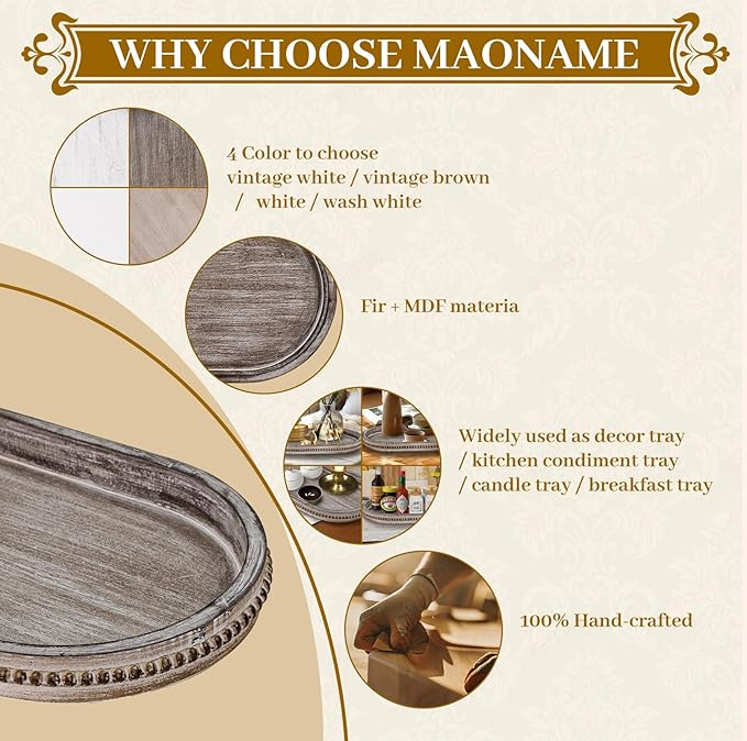 MAONAME Wood Serving Tray, Farmhouse Wooden Tray for Coffee Table, Oval Beaded Trays, Vintage Brown Decorative Trays for Living Room, Kitchen, 15" X 9" X 1.2"