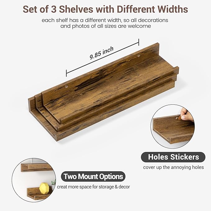 Axeman Picture Ledge Shelf | 16 Inch Brown Floating Shelves Set of 3 | Rustic Brown Wood Wall Shelves with Lip | 16" Picture Shelf for Wall with Ledge | Photo Shelves