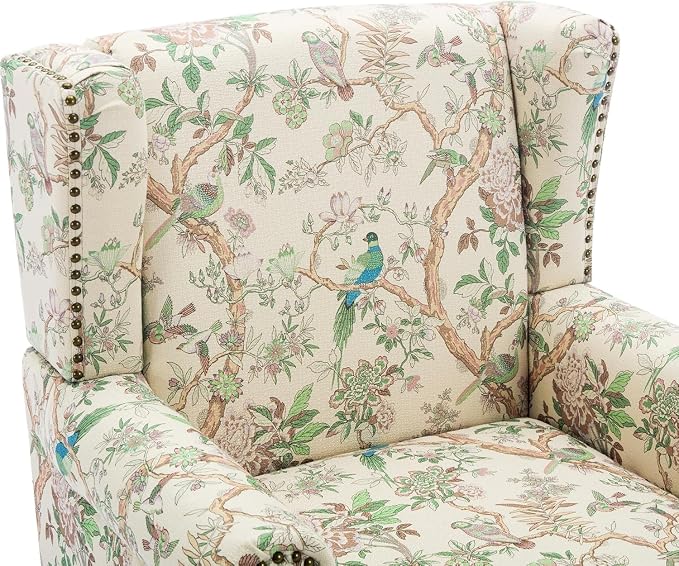 High Back Accent Chairs Set of 2, Fabric Upholstered Armchair Floral Wingback Chair for Living Room, Comfy Single Sofa Solid Wood Legs Bedroom Reading Seat - Pattern Bird