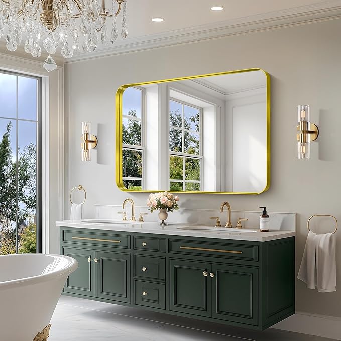 CIRCUMI Gold Bathroom Mirror, 36"x50" Rectangular Mirror with Deep Metal Frame, Rounded Corner, Tempered Glass, Large Mirror for Wall, Over 2 Sinks, Installed Vertically/Horizontally, Crystal-Clear