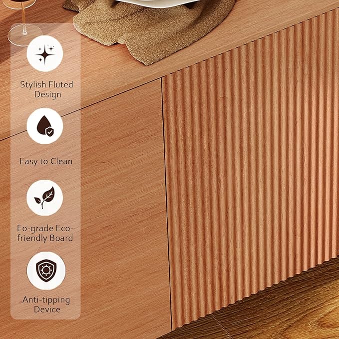 WAMPAT Fluted Buffet Cabinet with Storage, 61.6" Large Sideboard Cabinet with Storages, Modern Buffet Table Coffee Bar Wine Bar Storage Organizer with 4 Doors for Kitchen, Dining Room, Hallway, Mocha