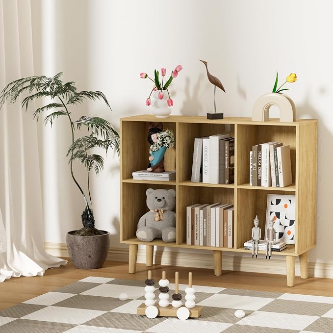 6 Cube Bookcase, Wooden Book Shelf Cube Storage Organizer with Legs, 2 Tier Bookshelf Freestanding Open Shelves for Home Office, Living Room, Bed Room (Oak, 6 Cube Horizontal)