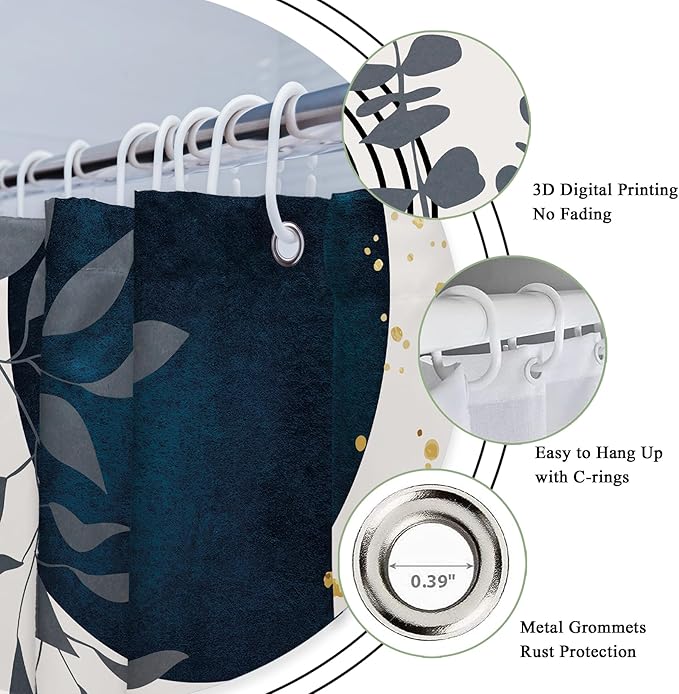 Riyidecor Navy Blue Small Stall Narrow Boho Modern Shower Curtain for Bathroom Decor 48Wx72H Mid Century Bohemian Palm Leaves Minimalist Art Printed Fabric Polyester Waterproof 8 Pack Plastic Hooks