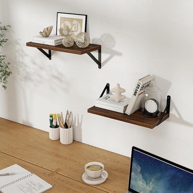 Floating Shelves, 8 Inch Deep Rustic Wood Wall Storage, 16W x 8D Wall Shelves Set of 2, Heavy Duty Metal Brackets, Industrial Book Shelf for Living Room, Kitchen, Bathroom, Bedroom, Walnut