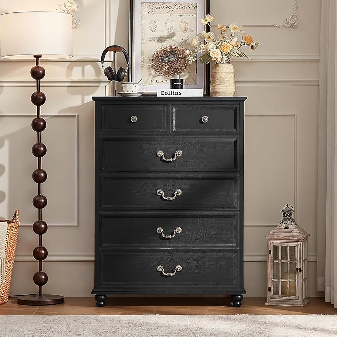 Farmhouse 6 Drawer Dresser Set of 2 for Bedroom, 42" Tall Rustic Chests of Drawers w/ 4 Solid Wood Feet, Mid Century Vintage Wooden Closet Storage Dressers Organizer for Living Room,Black