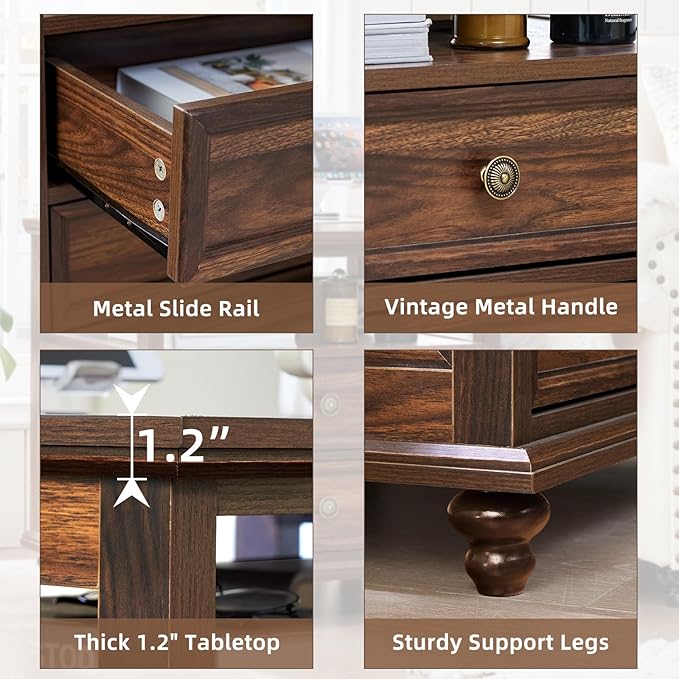 24" Wide Farmhouse Night Stand Set of 2,Large End Table with 2 Drawers & Metal Handle,Brown Wood Dresser for Bedroom, Bed Side Table Chest of Drawers Cabinet, Nightstand for Living Room,Closet