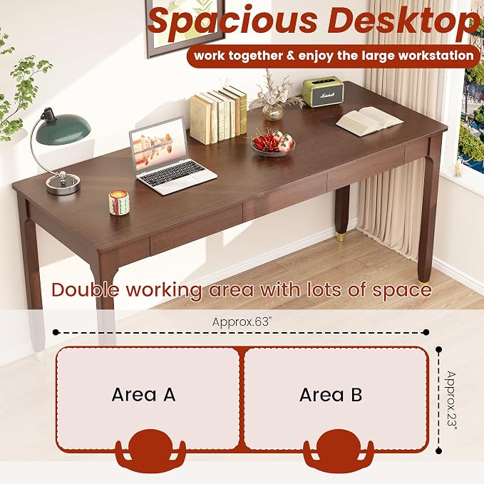 63 Inch Long Solid Wood Desk with Drawers - Mid Century Modern Office Desks, Executive Computer Desk for Two People, 2 Person Desk|Gaming Writing Study Table for 2 Monitors-Dark Walnut