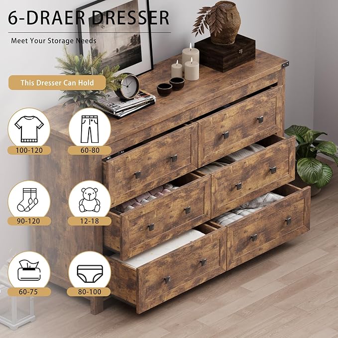 6 Drawer Dresser for Bedroom, Brown Modern Dressers & Chests of Drawers with Metal Handles, Closet Storage Dresser, Storage Cabinet and Organizer with Drawers