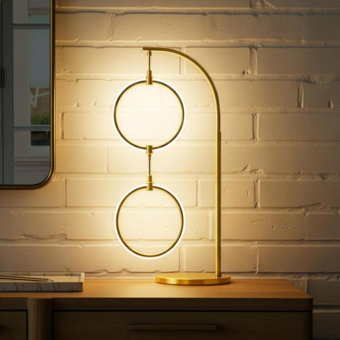 Brightech Nova Modern Table Lamp - Contemporary Arc Desk Lamp with 2-Circle Ring-Style Pendant - Alexa Compatible Nightstand Beside The Couch Lamp with Arching Pole Matches Living Room Décor - Brass