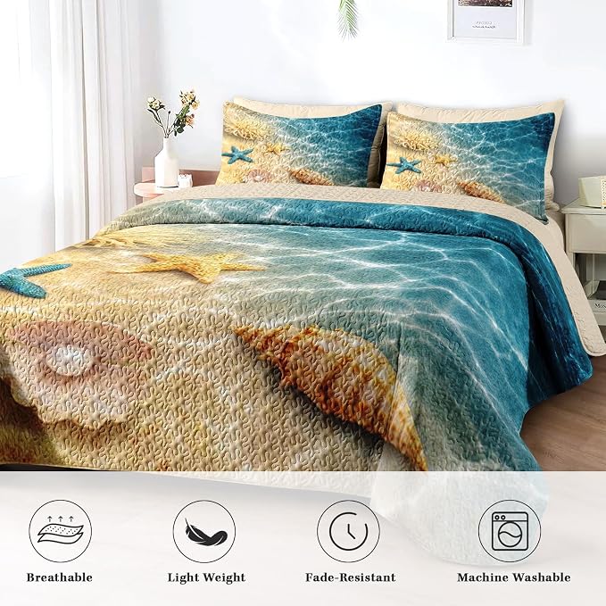 Pamnest Quilt Set Full/Queen Size, Summer Beach Seashell 3 Pcs Soft Bed Cover Bedding Set for Kids and Adults, Blue Ocean Sea Shell Lightweight Bedspread Coverlet with Pillow Sham for All Season