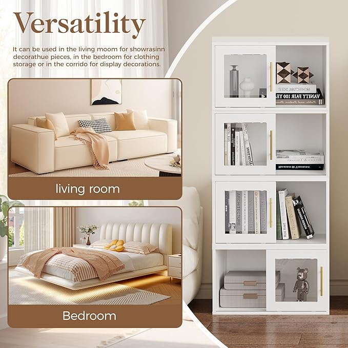 RoyalCraft Cube Storage Organizer with Sliding Door, White Stackable Bookshelf, Modular Cubby Storage System, Wooden Display Shelf for Small Space, Closet, Living Room, Bedroom, Apartment, Dorm