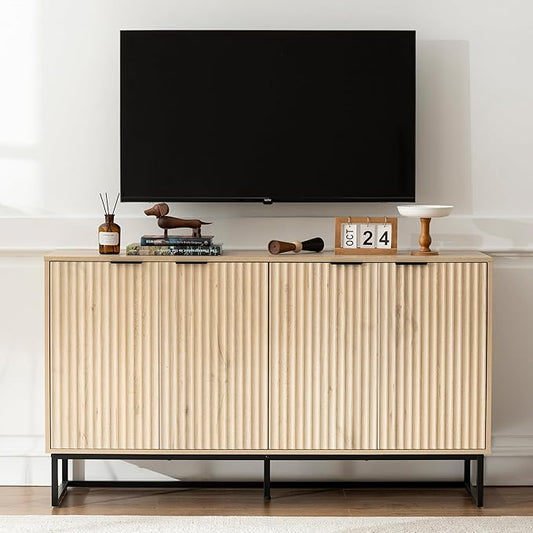 Fluted Storage Cabinet with 4 Doors, 55" Large Sideboard Buffet Cabinet with Adjustable Shelves Kitchen Wooden Credenza Coffee Bar Console Table for Dining Room Living Room, Light Oak