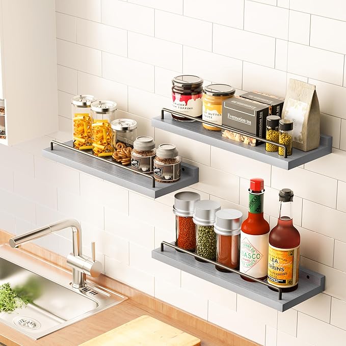 Floating Shelves for Wall Decor, Grey Shelves for Bathroom, Living Room, Bedroom, Picture Frames, Plants, Kitchen (Set of 3)