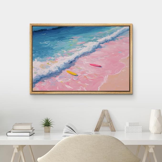 MUDECOR Framed Canvas Print Wall Art Pink Shoreline Waves with Surfboards Coastal Scene Illustrations Minimalism Decorative Bohemian Zen for Living Room, Bedroom, Office - 24"x36" NATURAL