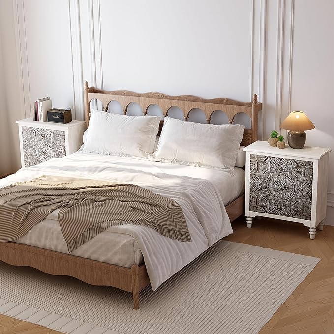 HOMPUS White 3 Drawer Dresser, Farmhouse Nightstand with 3 Drawers, Wood Night Stand with Lotus Carved Pattern, Vintage Nightstand with Storage, Small Chest of Drawers for Bedroom, Living Room, White