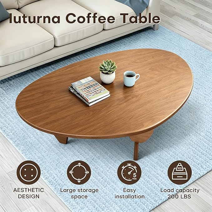 Solid Wood Coffee Table, Mid-Century Modern Triangle Center Table for Living Room, Triangular Wood Tea Table, Fingerprint-Free & Shatterproof, Walnut, 43.3" L x 27.5" W x 16.5" H