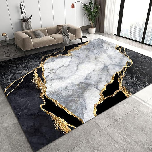 Nordic Luxury Black Gold White Geometry Art Area Rug, Abstract Marble Indoor Rug, Soft Foldable Non Slip Breathable Foldable Carpets for Living Room Bedroom Entryway Hotel Office 5x7ft