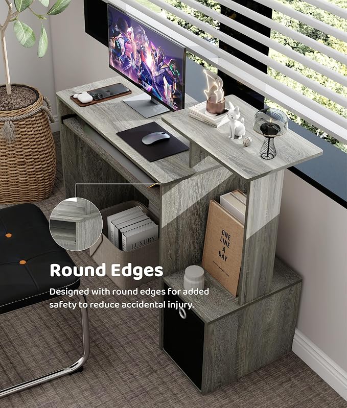 Computer Desk with Drawers, Study Table with Storage Shelves Keyboard Tray for Home Office Bedroom Living Room, Oak Grey/Black