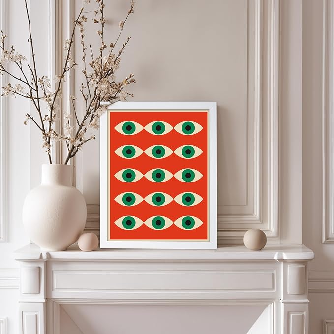Poster Master Bauhaus Poster - Red Evil Eye Print - Graphic Design Art - Eye Art - Geometric Art - Chic Boho Art - Mid Century Modern Art - Living Room or Bedroom Wall Decor - 8x10 White Framed