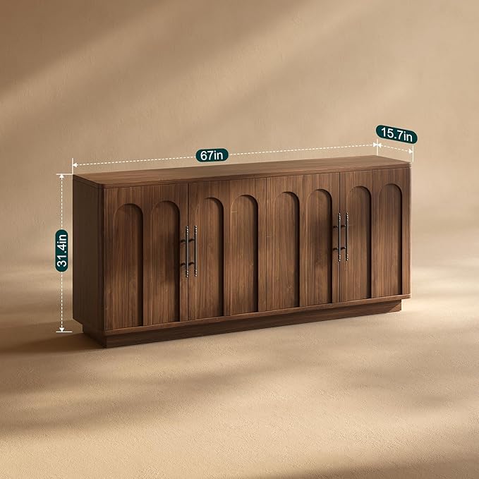 Evermagin 67" Arched Walnut Buffet Cabinet with Storage, Large Credenza with 4 Doors, Wood Mid Century Modern Sideboard for Kitchen and Living Room (67"*31.5"*15.7")