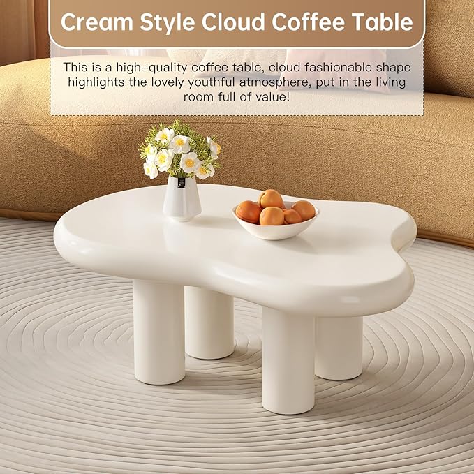 35.82" White Cloud Coffee Table, Modern Round Edge Coffee Table with 4 Sturdy Support Legs and 2.67" Thick Tabletop,Easy Match for Living Room, Bedroom, Balcony, Patio