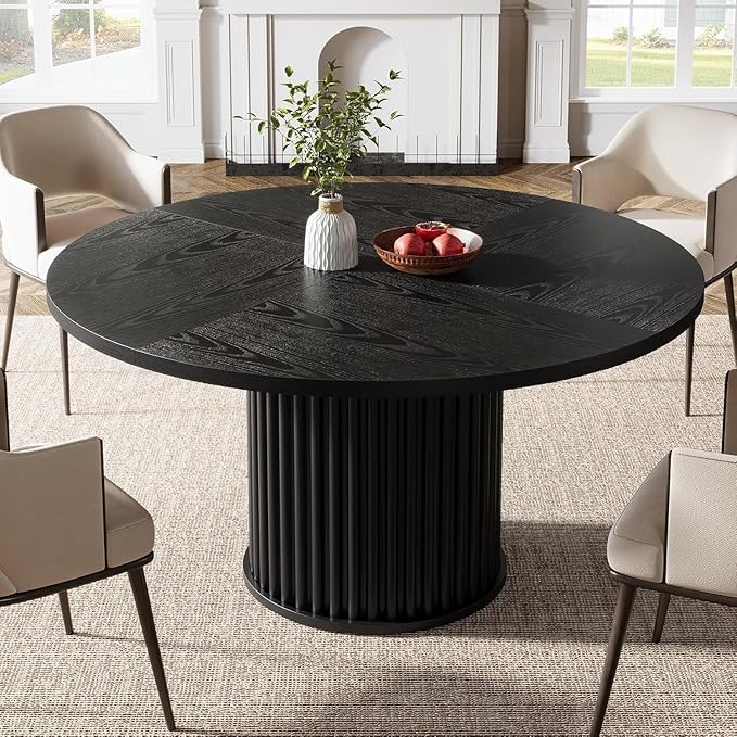 Tribesigns 47.24-Inch Black Round Dining Table for 4-6 People, Modern Fluted MDF + Metal Base Kitchen Table, Sturdy Circle Dining Room Furniture, Black
