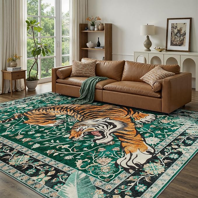 DCX Washable 8x10 Tiger Area Rug, Green Vintage Animal Rug for Living Room, Soft Low Pile Carpet, Kid & Pet Friendly with Rubber Back Non Slip, Stain Resistant Rug for Bedroom Dining Room Office