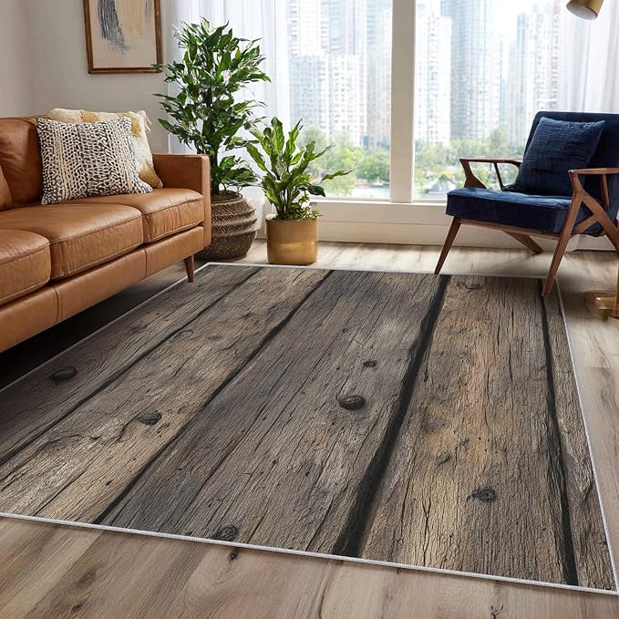Wood Plank Farmhouse Area Rug, Rustic Vintage Texture Pattern Carpet, Washable Non Slip Low Pile Soft Thin, Living Room Bedroom Home Decor Mat 4x5ft