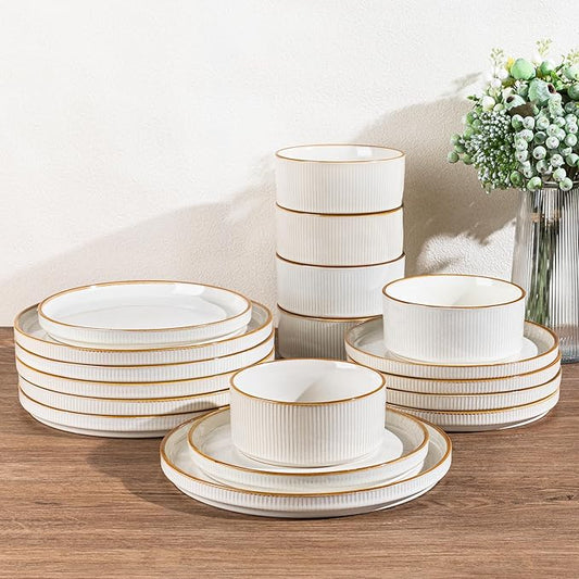 GBHOME 24-Piece Stoneware Dinnerware Set for 8 – Ribbed Ceramic Plates and Bowls, Scratch-Resistant, Microwave & Dishwasher Safe, Reactive Glaze, White with Honey-Brown Edge